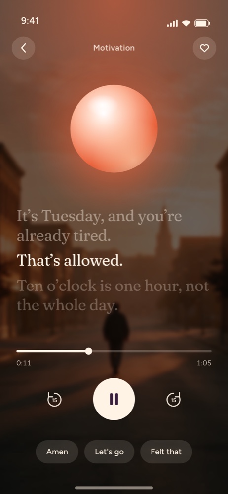The player: a dark photo, the orb, and the shot’s words lighting up line by line as they are spoken.